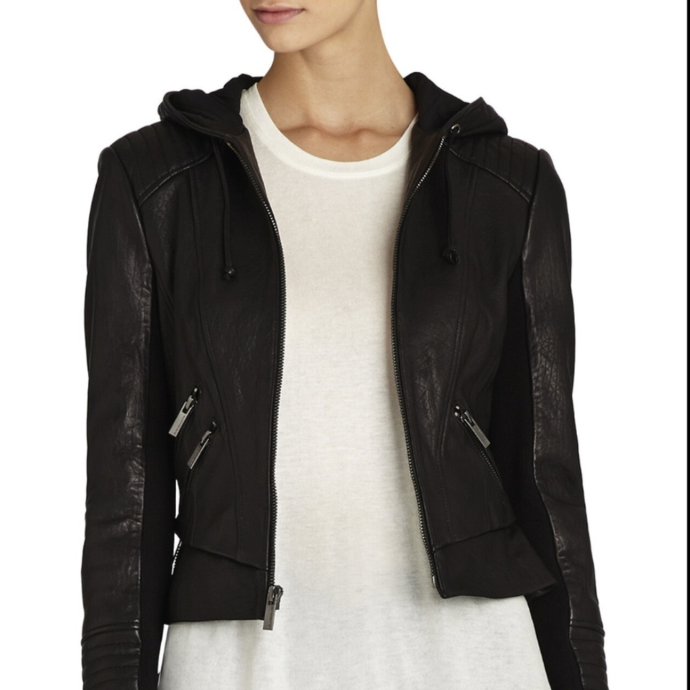 BCBG Black Leather Hooded Jacket, XS